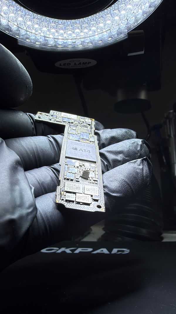 Técnico de MovilFixG sosteniendo la placa de un iPhone bajo el microscopio